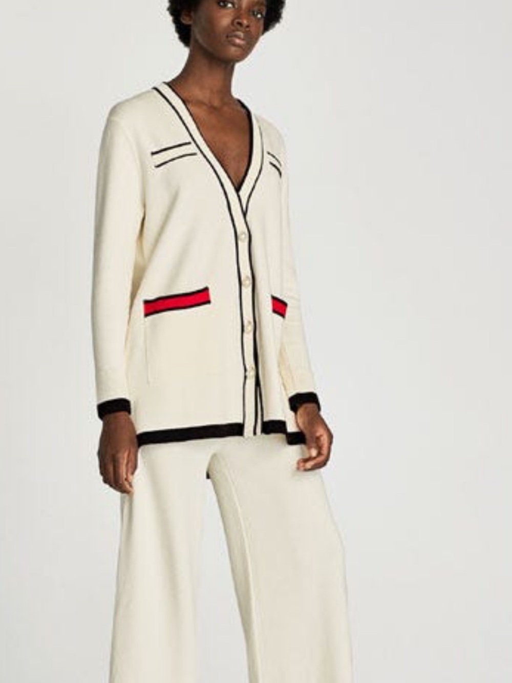 Zara Cream Cardigan with Black Trim and Red Pocket Detail With Matching Pants